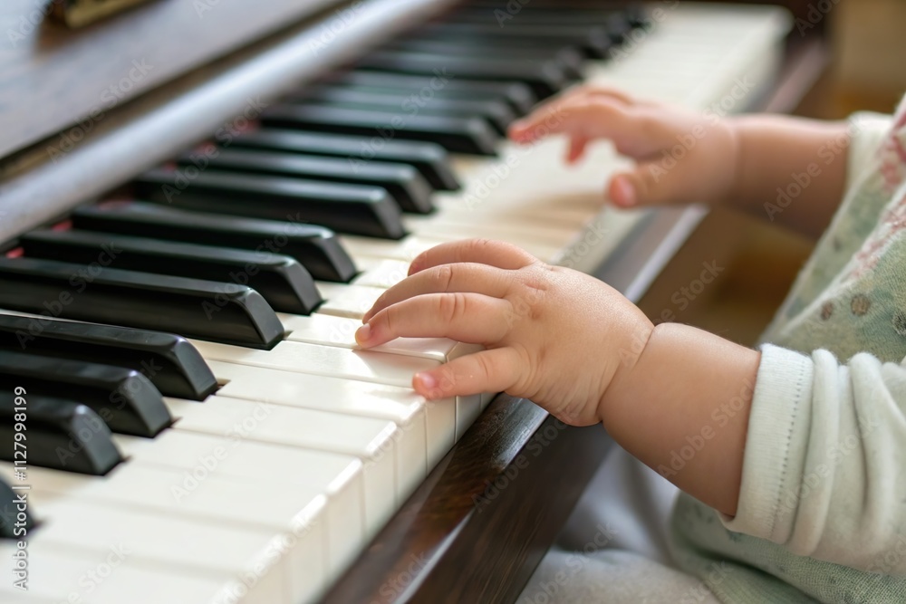 Obraz premium Child hand play piano key. Music education for kid