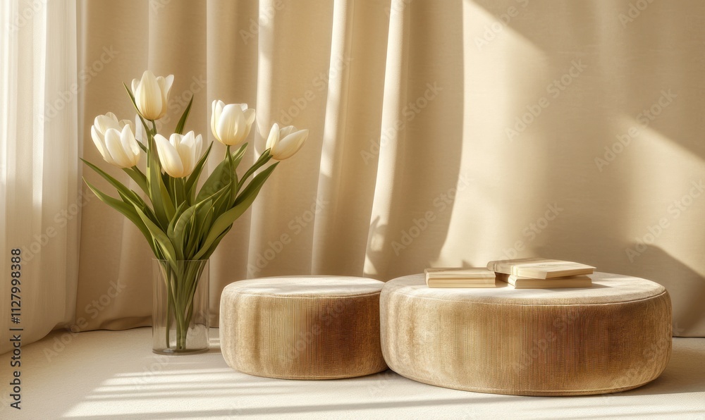 Minimalist beige interior with tulips and podiums. Minimalist beige interior with tulips and podiums.