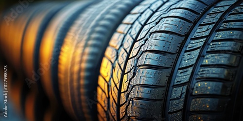 Close Up of Textured Car Tyres in Dramatic Low Light with Shadows and Highlights