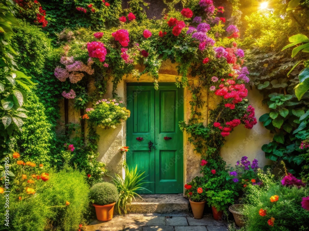 Lush greenery surrounds a vibrant green door, a botanical paradise viewed from above via drone photography.