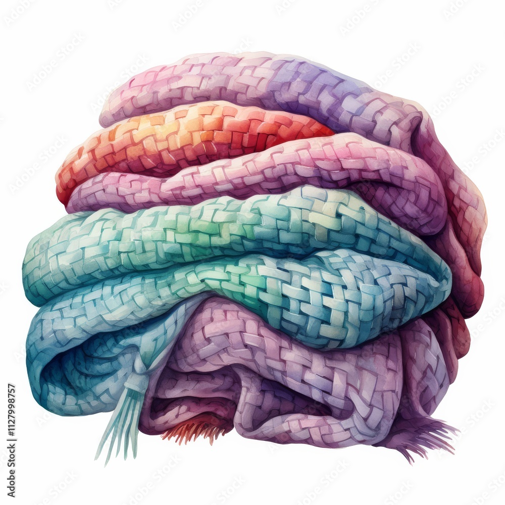 Fototapeta premium A vibrant, textured pile of woven blankets in pastel colors, showcasing intricate patterns and a cozy appearance.