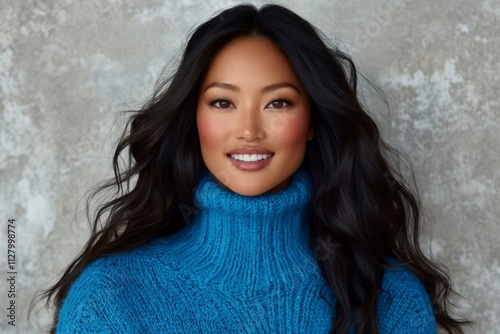 Smiling Woman in Cozy Blue Sweater photo