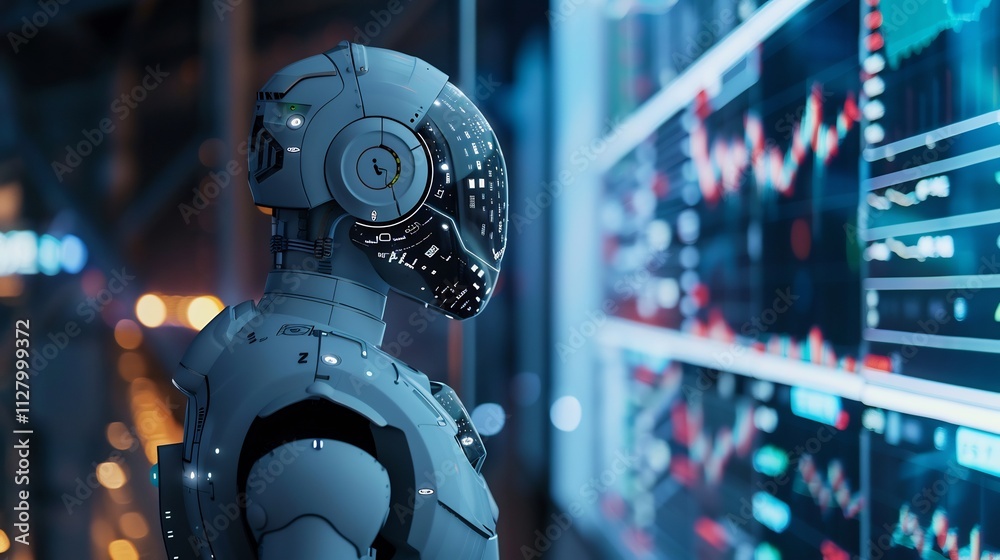Futuristic Robot Analyzing Data on Screens