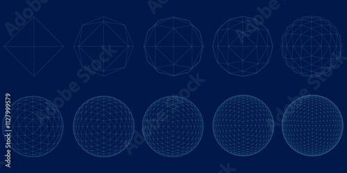 Grid spheres. 3D globes with abstract net or wireframe for chemical or biology, infographic, round particles structure concept. Vector set connect in circle wireframe structure