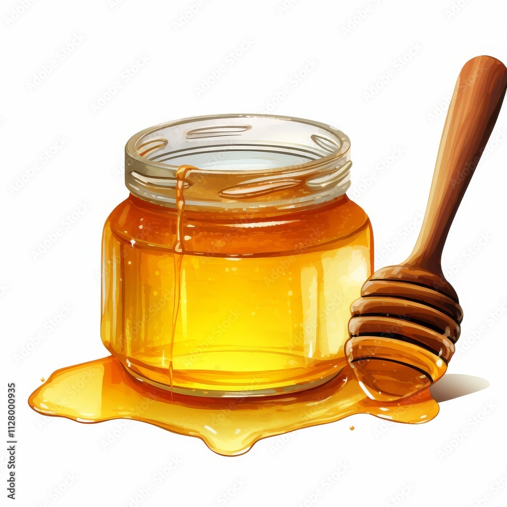 A glass jar of golden honey, slightly tipped, with honey dripping out, accompanied by a wooden honey dipper.