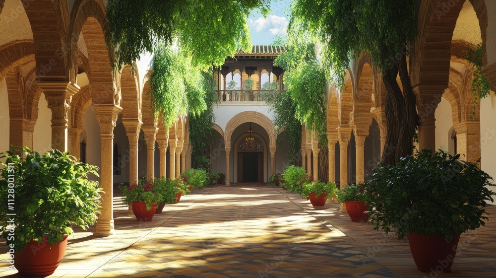 Naklejka premium Sunlit courtyard, arched colonnade, lush greenery.