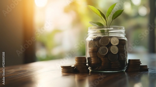 Glass Jar Filled With Coins And A Growing Plant