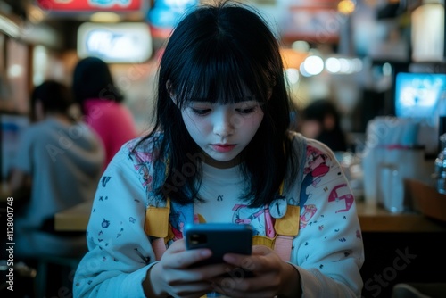 Young Woman Using Smartphone in Cozy Café photo