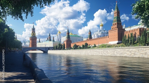 Moscow Kremlin, river, bridge, sunny day.