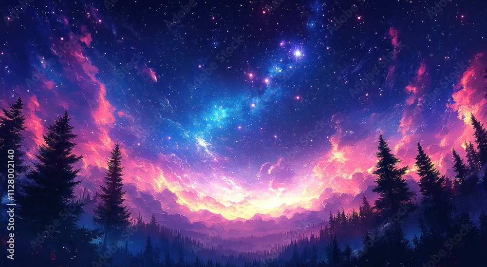 Magical Starry Night Sky Landscape with Milky Way and Pine Trees