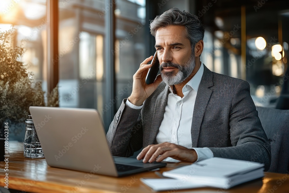 Businessman in Suit on Phone Call Working at Laptop in Modern Office Scene Businessman in Suit on Phone Call Working at Laptop in Modern Office Scene