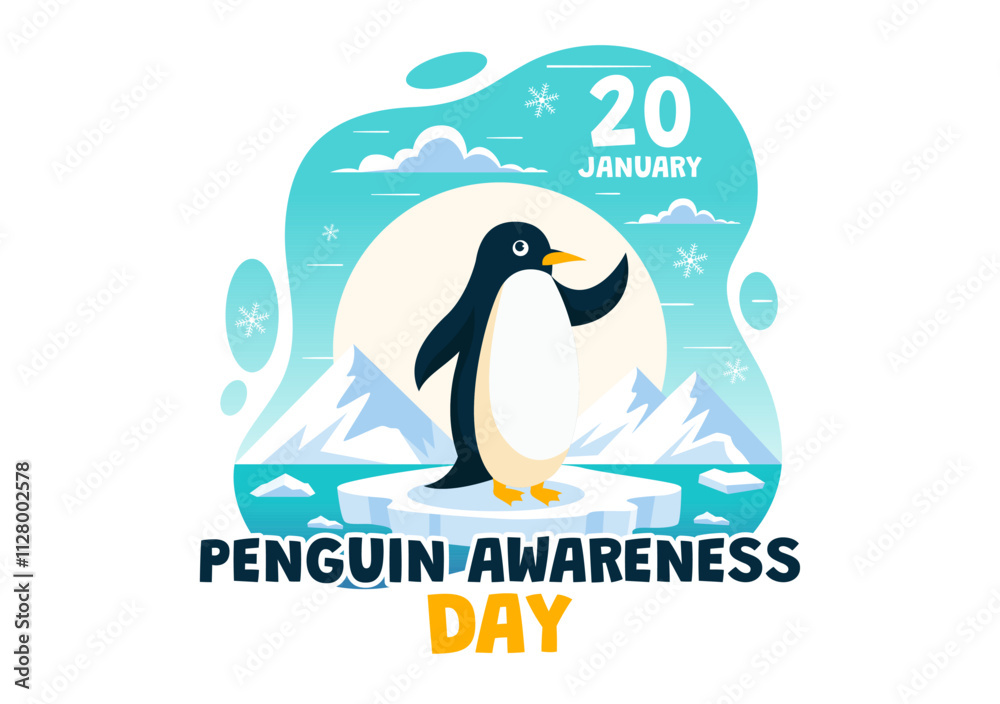 Obraz premium Penguin Awareness Day Vector Illustration on January 20, featuring Penguins and an Iceberg to Promote Animal Conservation in a Flat Background