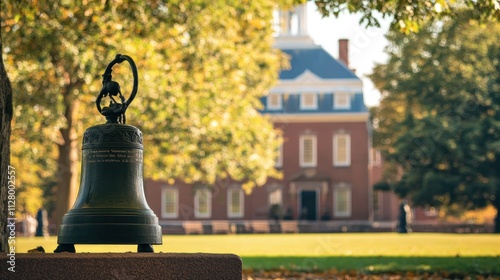 Ornate bell, autumnal setting, historic building. photo