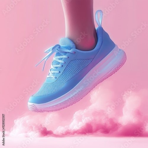 Blue Athletic Shoes in Air Against Pastel Pink Background photo