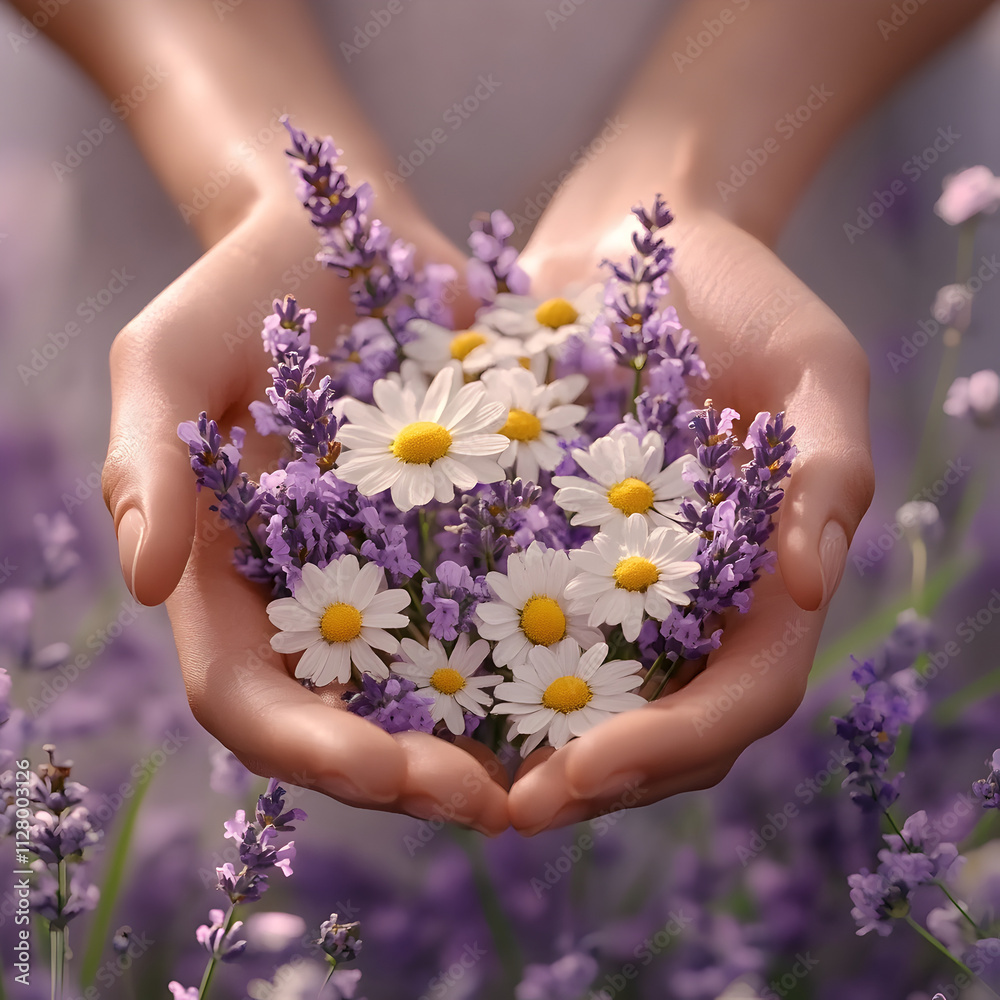 Woman s Hands Holding Daisies and Lavender Flowers Woman s Hands Holding Daisies and Lavender Flowers