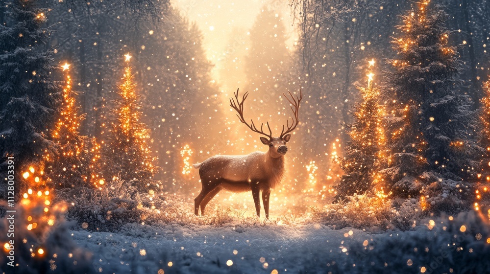 Christmas banner with magical scene of a reindeer in the center of the forest full of lights Christmas banner with magical scene of a reindeer in the center of the forest full of lights