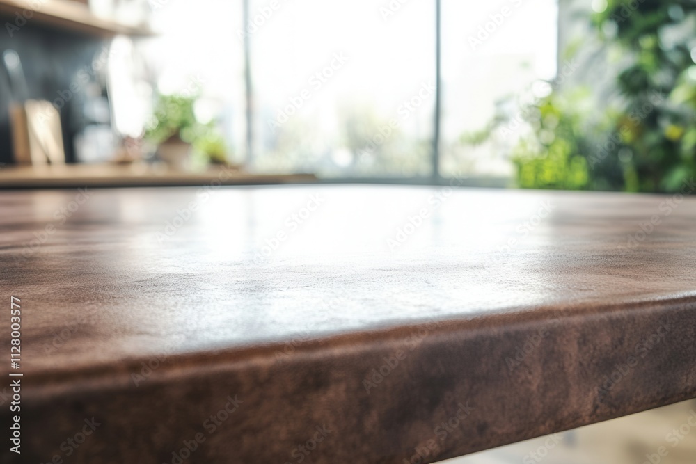 Close-up of a wooden kitchen table with natural light. Close-up of a wooden kitchen table with natural light.