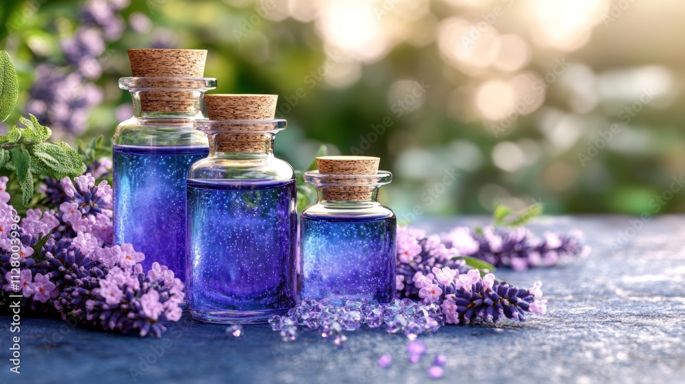 Aromatherapy Setup with Essential Oils and Flowers Aromatherapy Setup with Essential Oils and Flowers