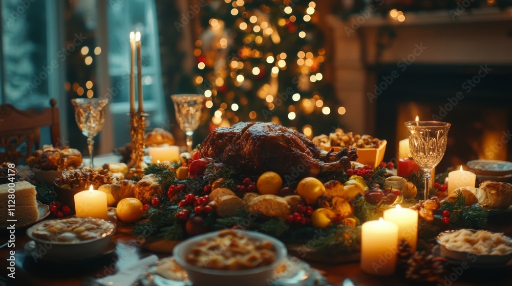 Festive Christmas Dinner Table Setting With Roasted Turkey