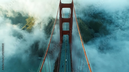 Golden Gate Bridge, fog, cars, aerial view.