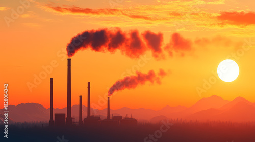 Polluted industrial factory emitting smoke at sunset with mountains