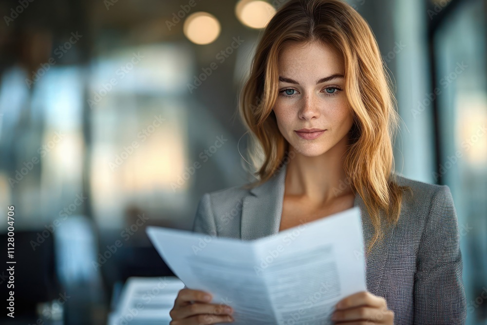 Business Woman in Office Reading Documents on Laptop and Financial Reports Business Woman in Office Reading Documents on Laptop and Financial Reports