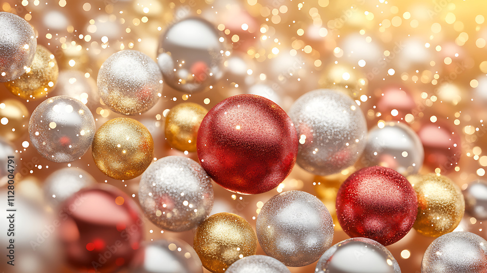 Glittering Ornaments of Gold, Silver, and Red in a Festive Holiday Backdrop Glittering Ornaments of Gold, Silver, and Red in a Festive Holiday Backdrop