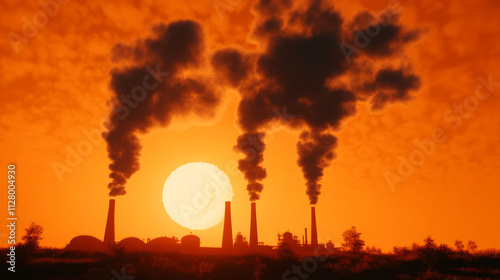 Polluted industrial factory emitting smoke at sunset, creating dramatic scene