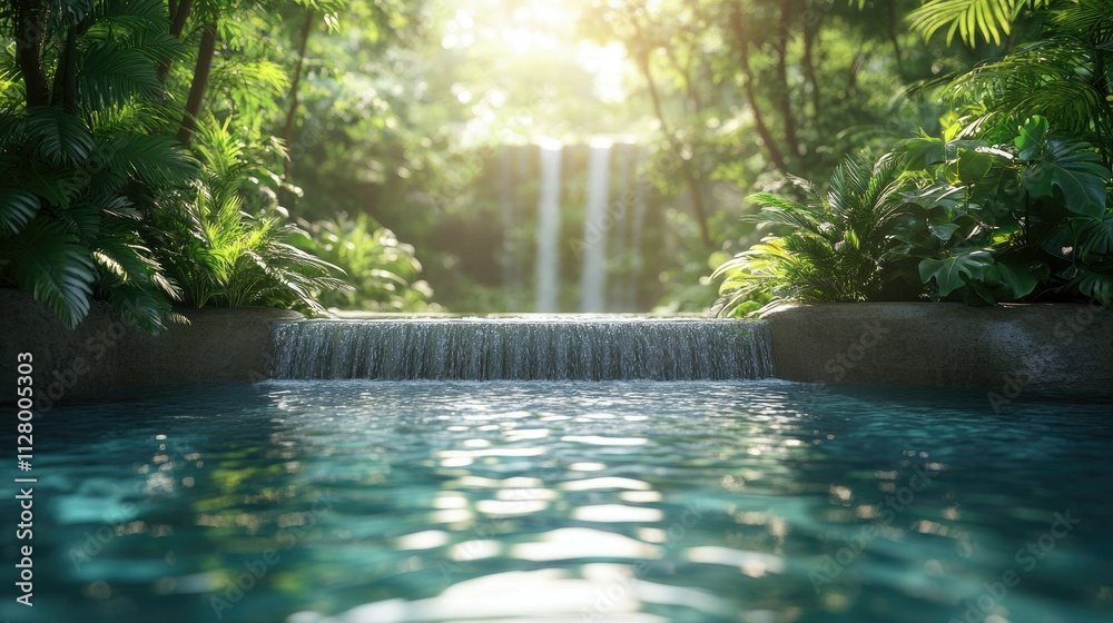 Serene waterfall cascading into a tranquil pool surrounded by lush tropical foliage. Serene waterfall cascading into a tranquil pool surrounded by lush tropical foliage.