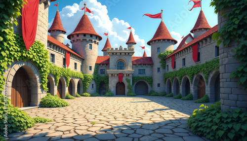 Medieval castle courtyard with stone walls, towers, flags, and arched wooden door, bright sunlight and shadows on cobblestone floor. game background,Strength. Legacy. Adventure. Medieval Majesty.