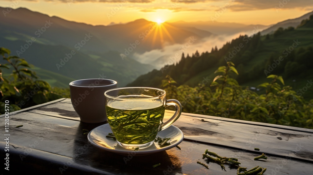 A steaming mug of green tea with a breathtaking sunrise over a mountain range A steaming mug of green tea with a breathtaking sunrise over a mountain range