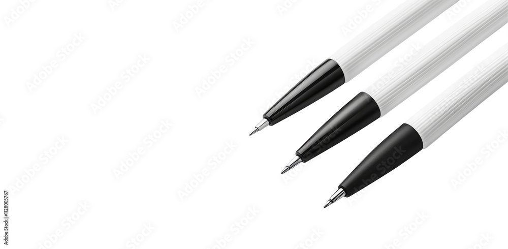3 white and black pens, isolated on a transparent PNG white background