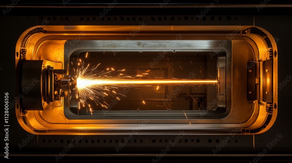 Obraz premium High-tech industrial machinery emitting sparks during precision laser cutting process inside a metal chamber, showcasing advanced manufacturing technology.