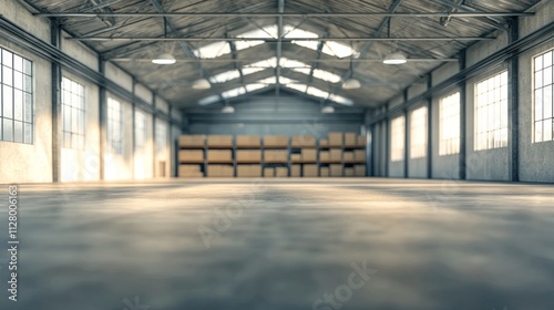 Blurred image of a spacious warehouse with shelves and boxes for a clean background. photo