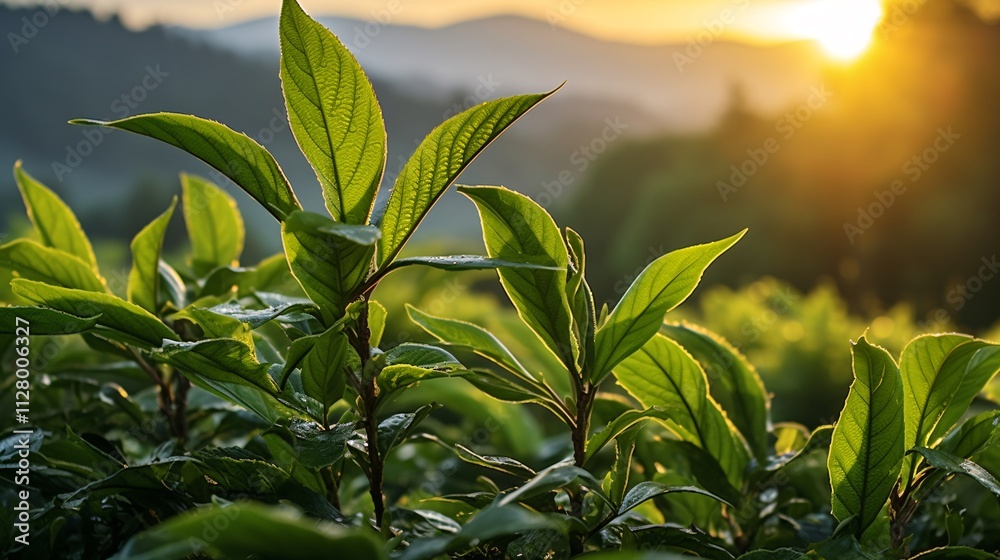 Fototapeta premium Green tea leaves and a sunrise view from a forest clearing