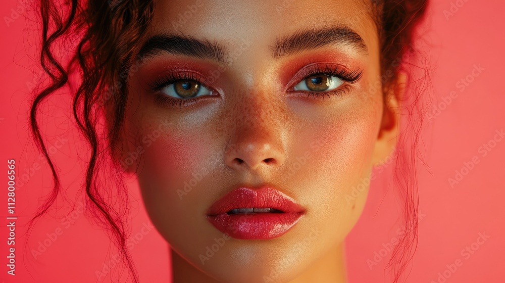 Close-up portrait of a young woman with freckles and pink makeup against a vibrant pink background. Close-up portrait of a young woman with freckles and pink makeup against a vibrant pink background.