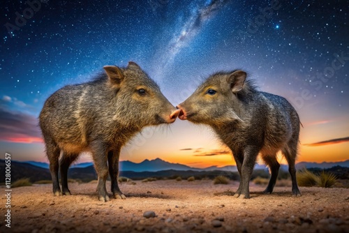 Silhouetted javelinas face off at night, a close-up wildlife encounter in the dark desert.