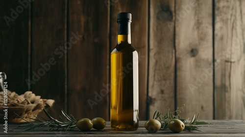 Photorealistic ad for artisanal olive oil bottle with olives, rosemary, and rustic wooden table background
 photo