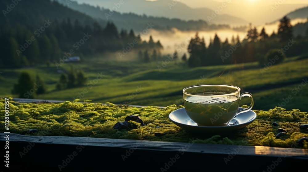 A steaming cup of green tea with the first light of dawn over a grassy field A steaming cup of green tea with the first light of dawn over a grassy field