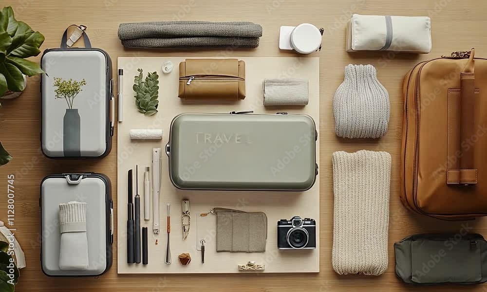 Flat lay of minimalist travel packing cubes and accessories on wood Flat lay of minimalist travel packing cubes and accessories on wood