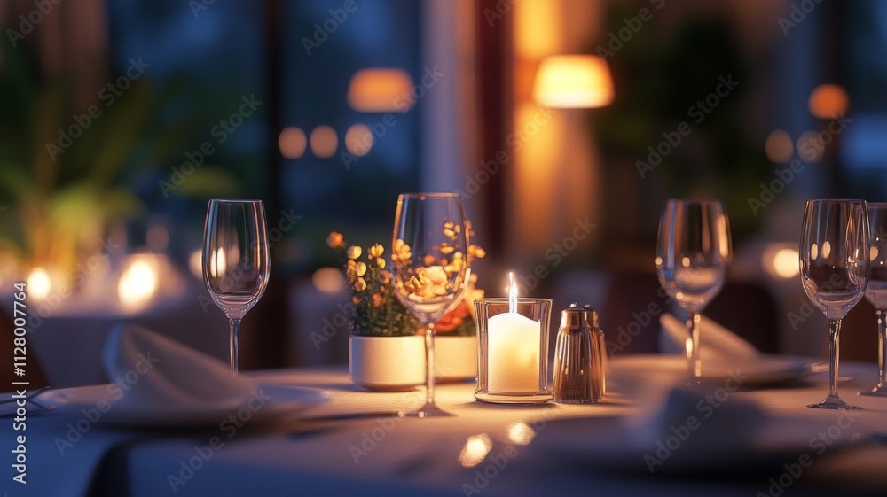 Romantic Dinner Table Setting with Candlelight and Wine Glasses Romantic Dinner Table Setting with Candlelight and Wine Glasses