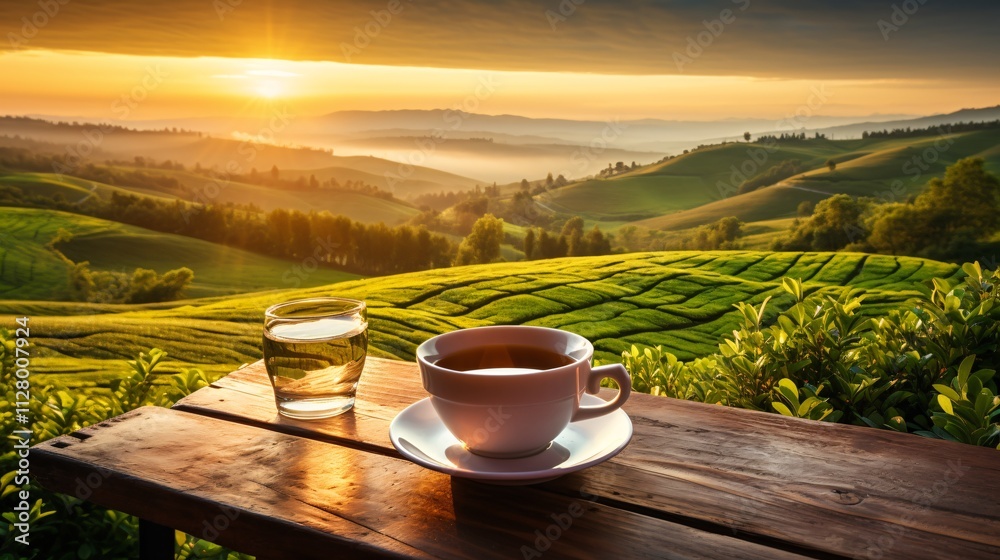 Green tea in a ceramic cup with a beautiful sunrise over rolling green fields Green tea in a ceramic cup with a beautiful sunrise over rolling green fields