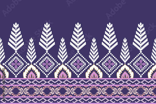 Geometric seamless tribal pattern in white, pink. Dark blue background. Illustration, vector.