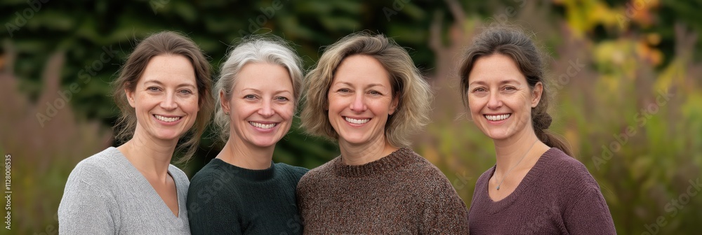 Obraz premium A joyful group of four friends smiles together outdoors, embodying friendship, connection, and natural beauty as they enjoy each other's company in a vibrant setting.