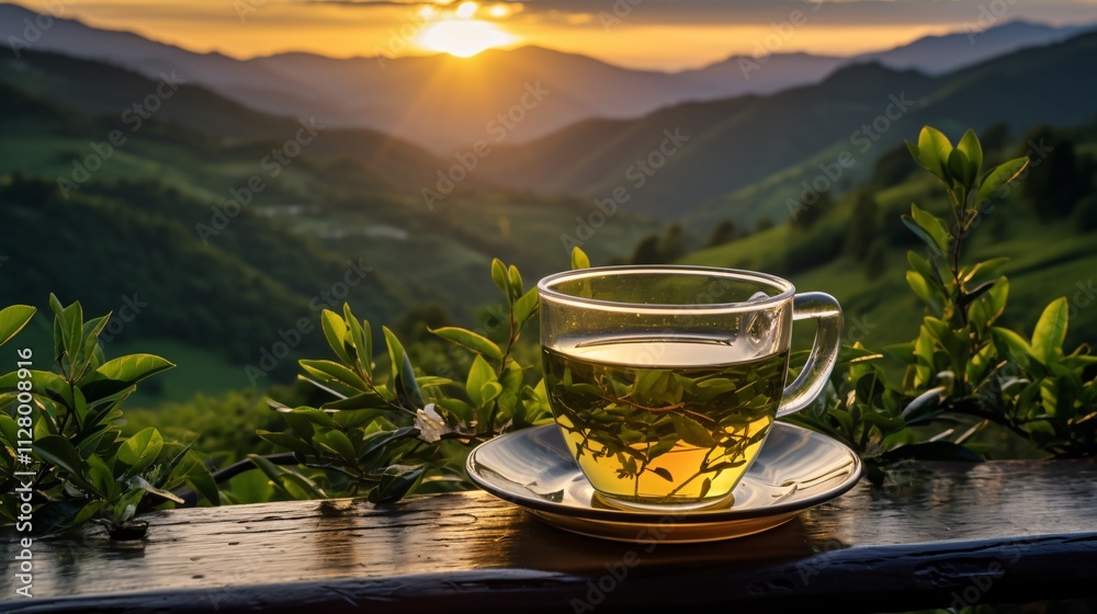 Green tea in a glass cup with a stunning sunrise over a nature reserve Green tea in a glass cup with a stunning sunrise over a nature reserve