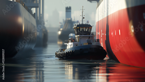 A tugboat pulling a colossal tanker through narrow waterways.  Generative AI.