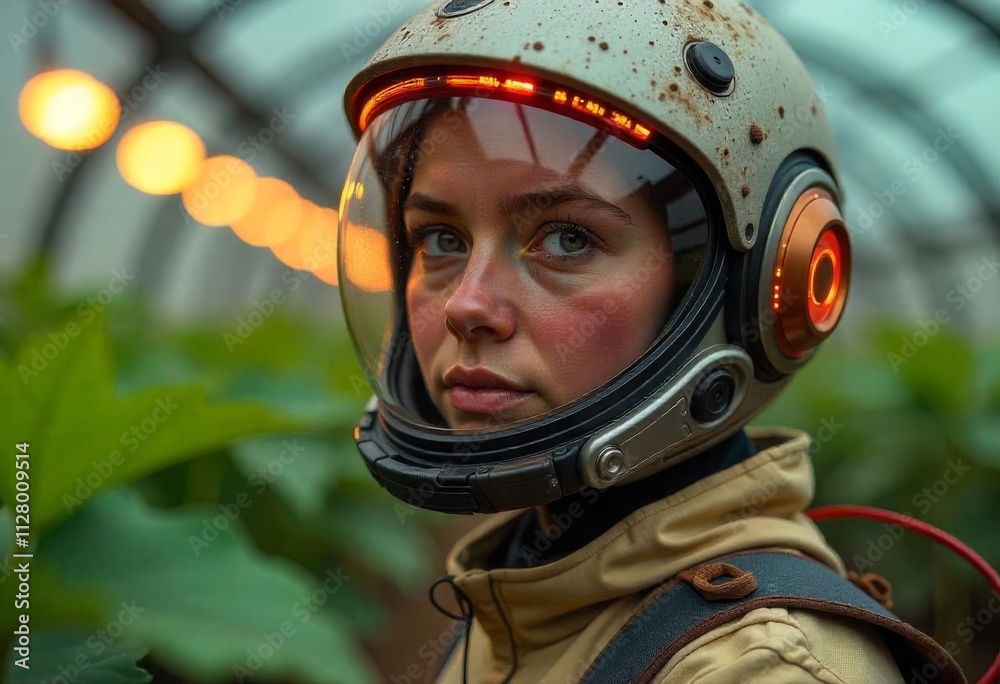 Astronaut in a futuristic greenhouse tending to plants in a sci-fi environment Astronaut in a futuristic greenhouse tending to plants in a sci-fi environment