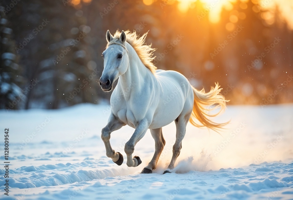Majestic White Horse Galloping Through a Snowy Winter Landscape Majestic White Horse Galloping Through a Snowy Winter Landscape