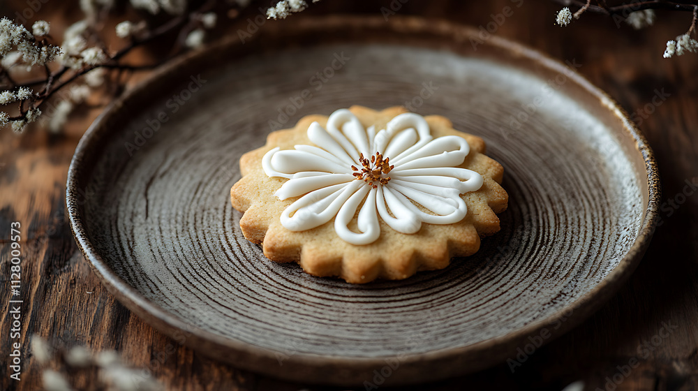 beautifully decorated cookie with intricate icing on rustic plate beautifully decorated cookie with intricate icing on rustic plate