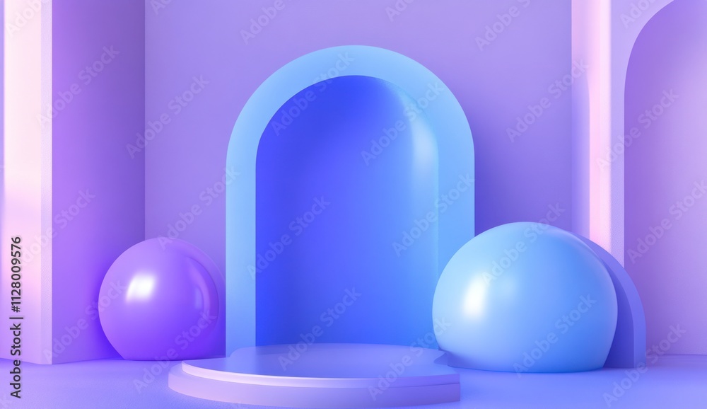 Abstract purple and blue arched doorway with spheres and platform. Abstract purple and blue arched doorway with spheres and platform.